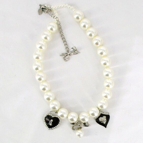 Express 18" Enamel Hearts Bows Chunky Faux Pearls Necklace Rhinestones Silver - Picture 2 of 6